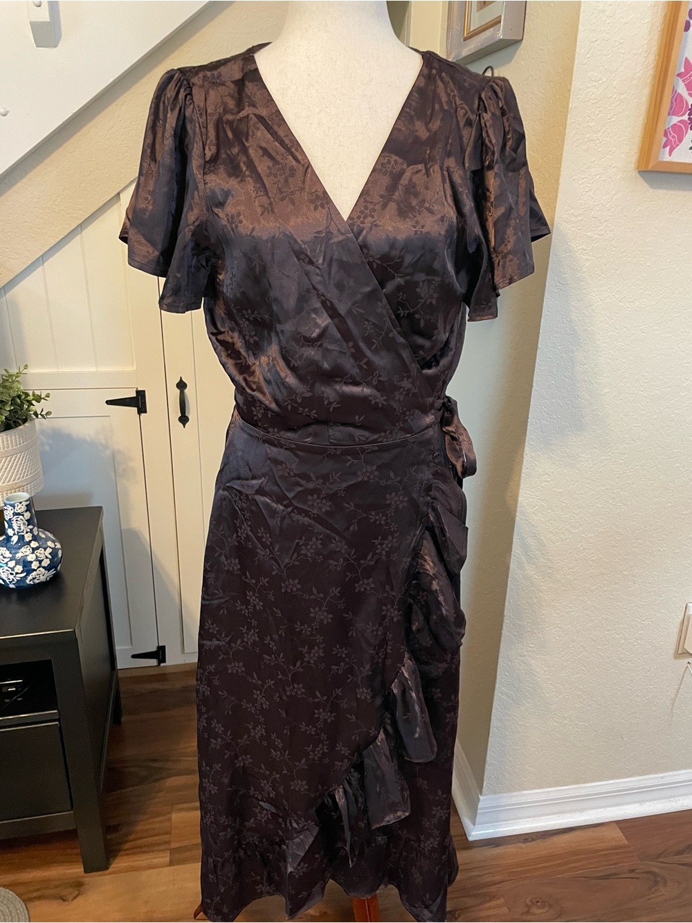 francesca's Clare Wrap Midi Dress Dark Brown Satin Floral Jacquard Ruffle XL